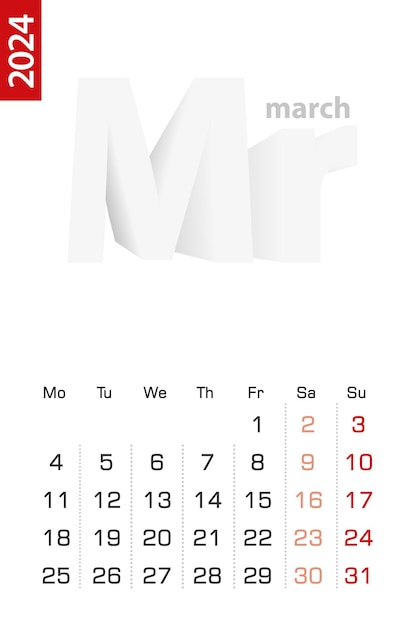 Modello di calendario minimalista per il calendario vettoriale di marzo 2024 in inglese