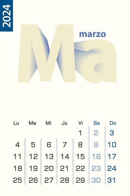 Vettore modello di calendario minimalista per il calendario vettoriale di marzo 2024 in lingua spagnola