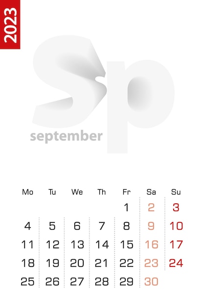 Modello di calendario minimalista per il calendario vettoriale di settembre 2023 in inglese
