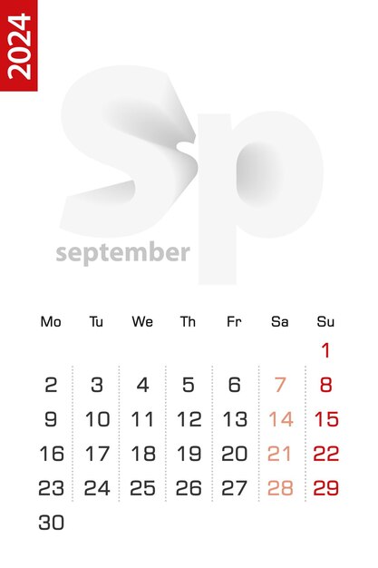 Minimalist calendar template for September 2024 vector calendar in English