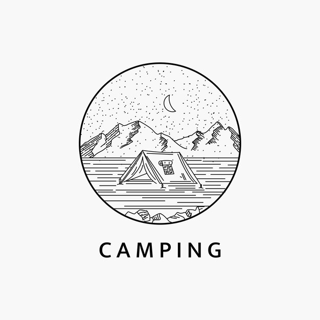 Minimalist camping in the mountains line art logo illustration the mountains at night