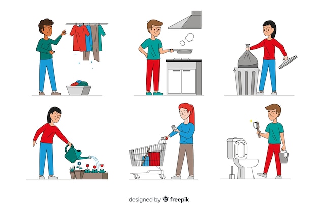 Minimalist characters doing housework