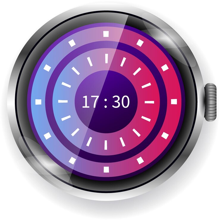 Vector minimalist circular smartwatch face with gradient rings and digital display
