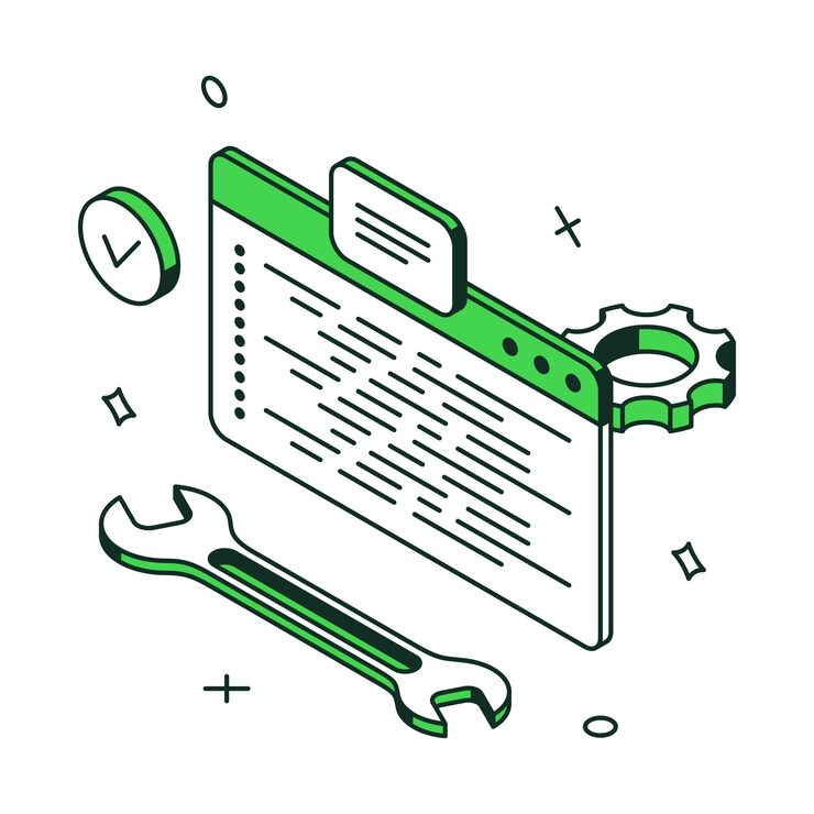 Vector minimalist coding web development virtual computing process 3d icon isometric vector illustration successful programming interface complete with wrench and gear website code content technology