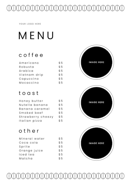 Vettore modello di progettazione del menu di una caffetteria minimalista