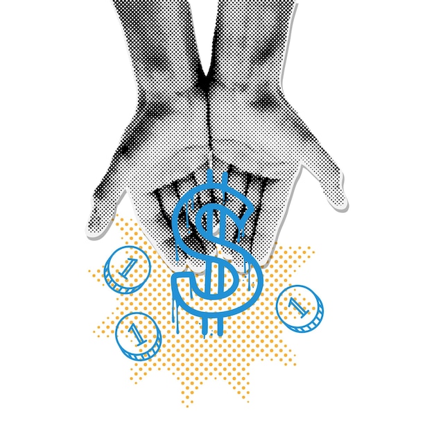 Minimalist collage isolated element with halftone style hands holding money wealth and spending meta