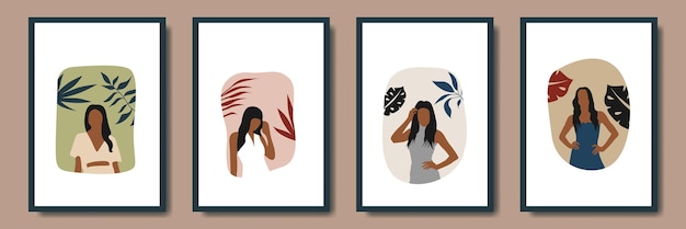 Minimalist collection modern abstract leaves botanical with bohemian girl style