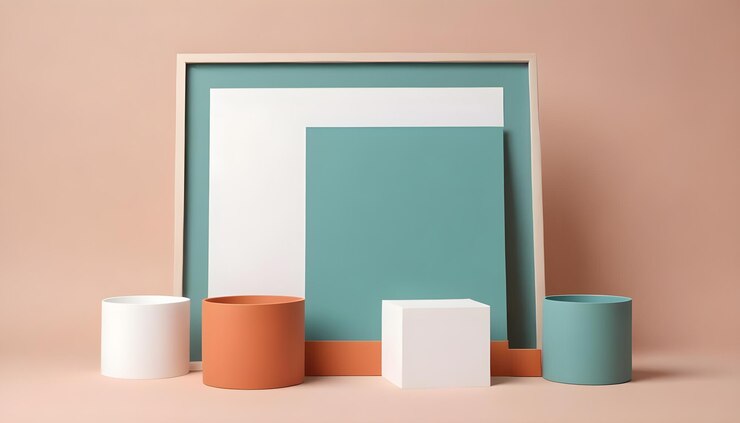Vector minimalist composition of geometric shapes including a picture frame cylinders and a cube on a peachcolored background