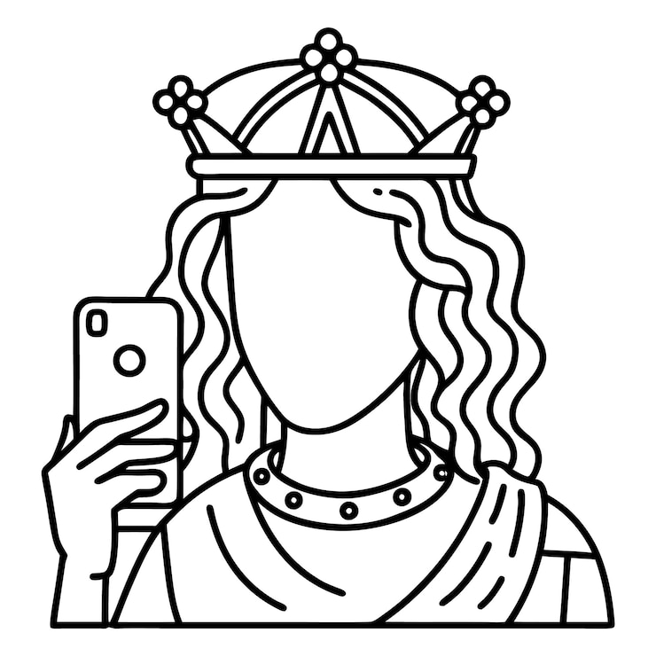 Vector 셀피를 찍는 왕관을 은 인물의 미니멀한 연속선 그림
