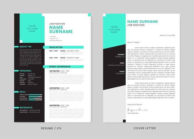 Vector minimalist cv resume and cover letter design template curriculum vitae blue cyan and black colors