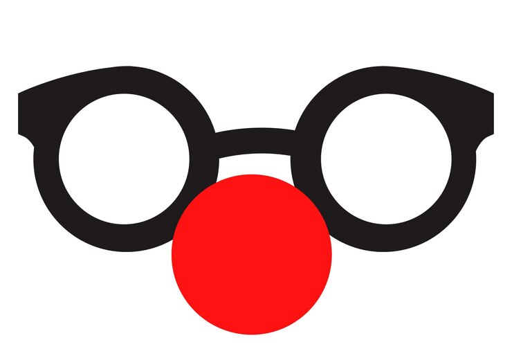 Vector minimalist design of round black glasses paired with a red clown nose highlighting humorous and playful themes