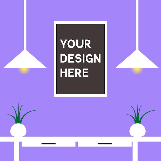 Vector minimalist desk scenery illustration with hanging poster in flat vector style show your designs in this stylish vector mockup