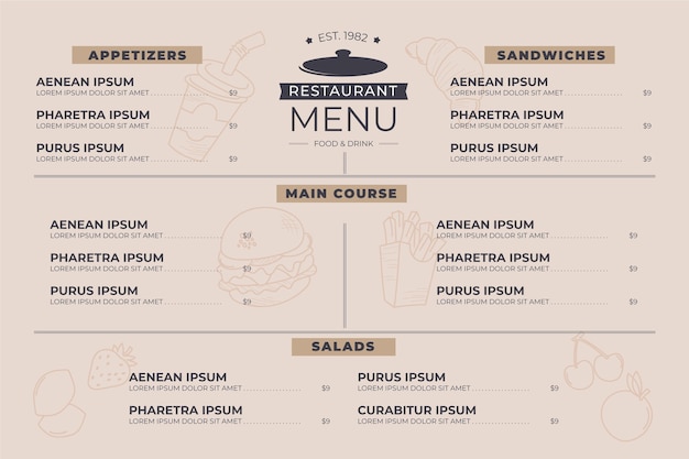 Vettore modello di formato orizzontale del menu ristorante digitale minimalista