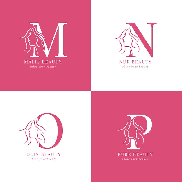 Vector minimalist and elegant hand drawn letters with woman silhouette m to p salon or skincare logo