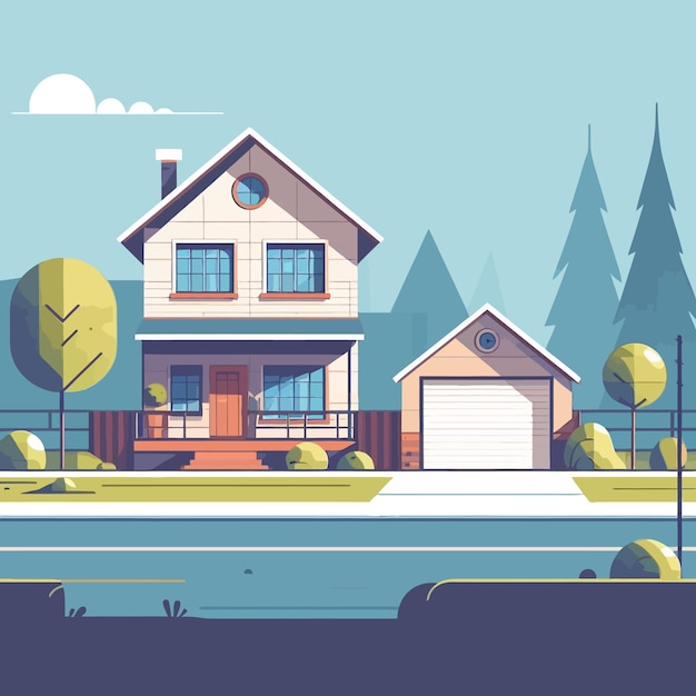 A minimalist flat illustration of a house in the village