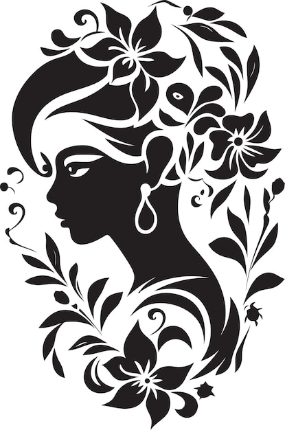 Minimalist Floral Profile Vector Woman Emblem Sophisticated Flora Charm Black Vector Icon