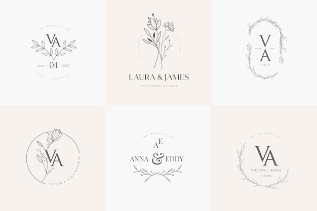 Minimalist floral wedding logo template set