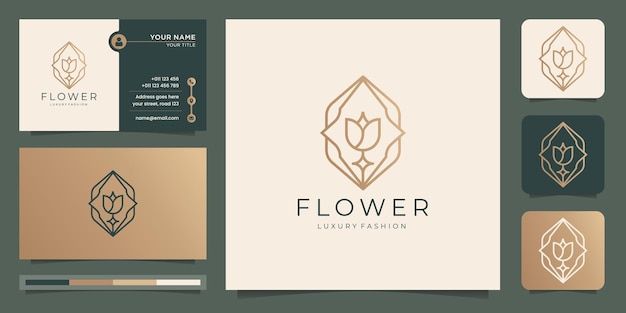 Minimalist flower logo with frame shape with business card design. luxury fashion rose inspiration.