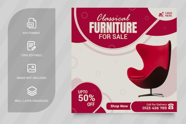 Minimalist furniture sale banner design or social media instagram feed post template