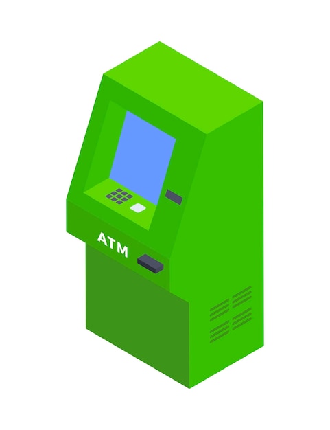 Atm elettronico verde minimalista per il servizio finanziario bancario icona 3d illustrazione vettoriale isometrica macchina portatile con tecnologia banca pulsanti di visualizzazione terminale di valuta aziendale commerciale