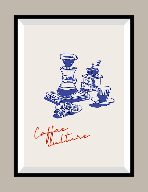 Minimalist hand drawn breakfast vector print poster in a frame