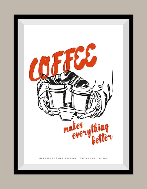 Minimalist hand drawn coffee vector print poster in a frame