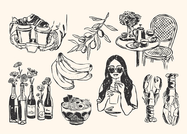 ベクトル ミニマリストの手描きの食べ物と飲み物のベクトルイラストコレクション