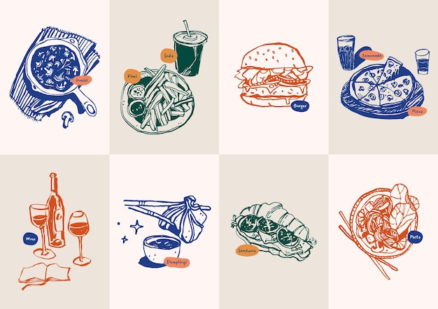 Vector minimalist hand drawn food and drink vector illustration collection. art for for postcards, branding