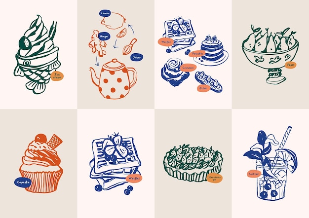 Minimalist hand drawn food and drink vector illustration collection. Art for for postcards, branding