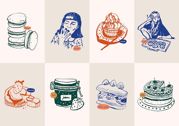 Minimalist hand drawn food and drink vector illustration collection. Art for for postcards, branding
