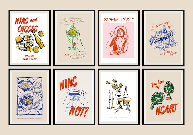 ポスターフレームのミニマリストの手描きの食品と飲料のベクトルイラストコレクション