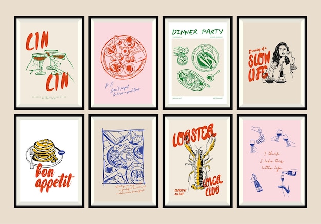 Minimalist hand drawn food and drink vector illustration collection in a poster frame