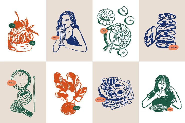 Vector minimalist hand drawn food and drink vector illustration collection