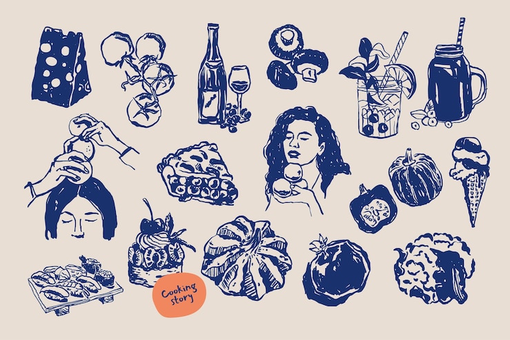 Vector minimalist hand drawn food and drink vector illustration collection