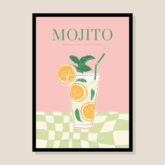 Vector minimalist hand drawn food poster with cocktails illustration for wall art collection