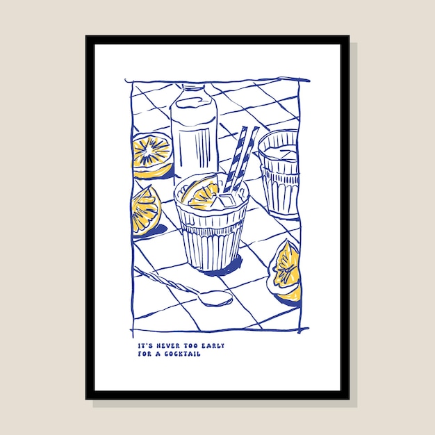 Minimalist hand drawn poster design with cocktail illustration for wall art gallery