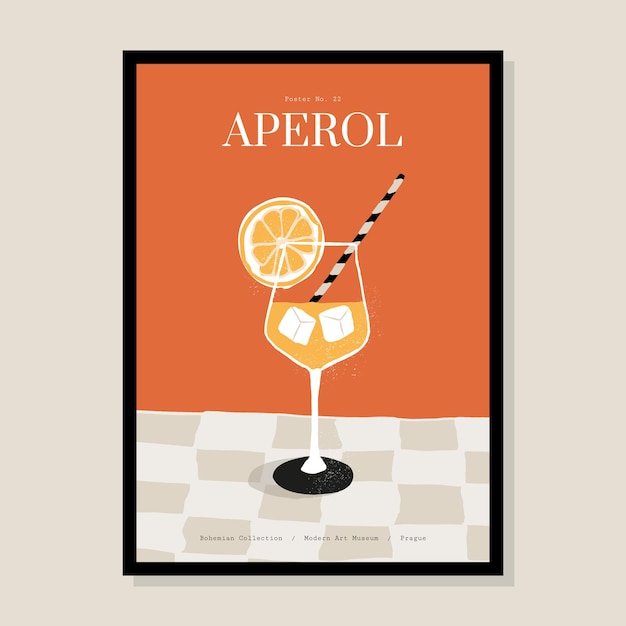 Minimalist hand drawn poster design with cocktail illustration for wall art gallery