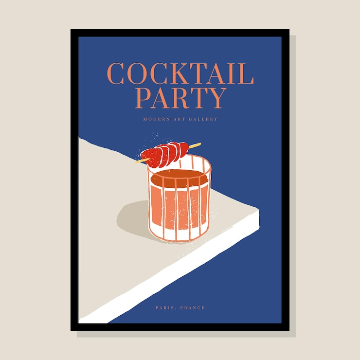 Minimalist hand drawn poster design with cocktail illustration for wall art gallery