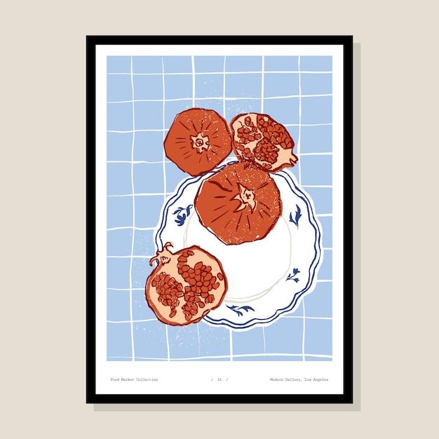 Minimalist hand drawn poster design with pomegranates illustration for wall art gallery