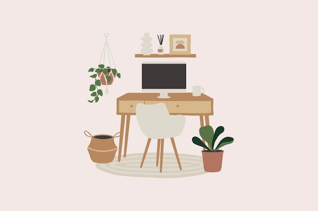 Minimalist Home Office with Plants Vector Illustration