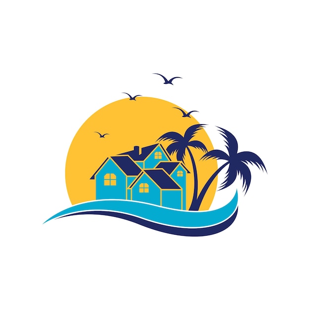 Modello di progettazione di logo di casa sulla spiaggia tramonto icona minimalista