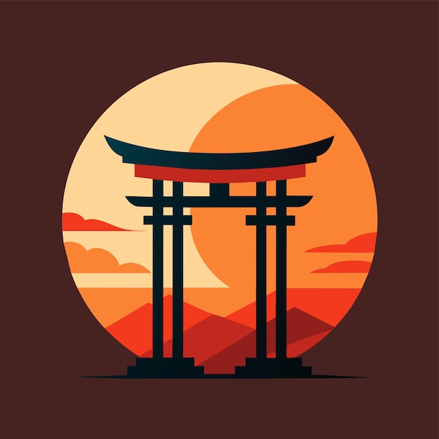 A minimalist illustration of a Japanese torii gate silhouetted against a sunset sky Japanese Torii Gate Sunset Simple Logo minimalist simple modern vector logo design