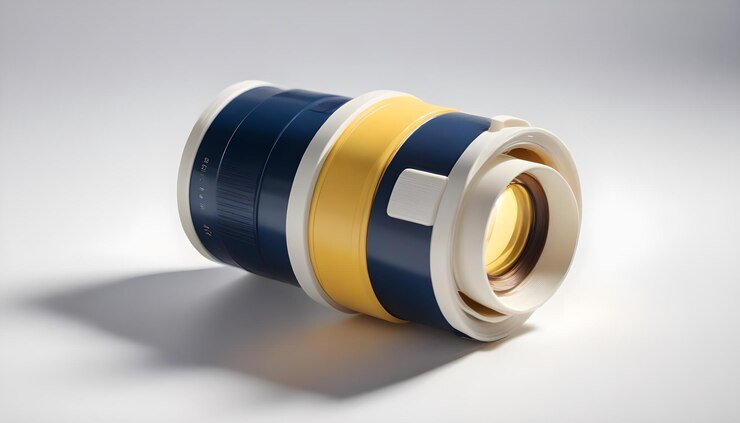 Vector a minimalist image of a blue yellow and white camera lens on a gray background representing photography and creative tools