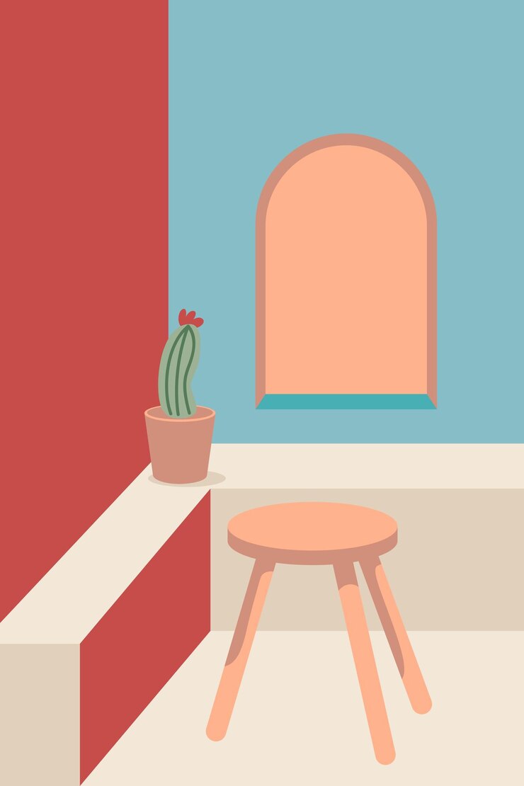 Vector minimalist interior with cactus chair and geometric shapes