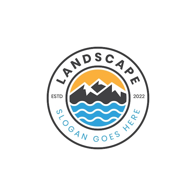 Minimalist landscape hills badge emblem logo mountain peaks river creek simple logo design