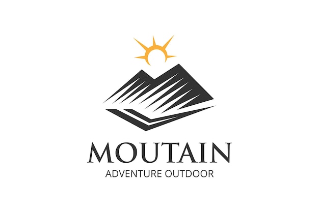 Minimalist Landscape Hills Mountain Peaks Vector logo design mountain outdoors with sun sunrise adventure logo