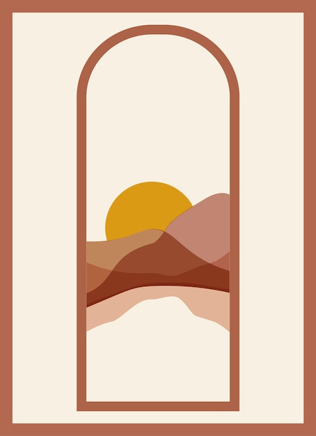 Minimalist landscape with lake and mountains view illustration