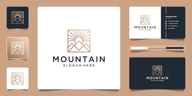 Vector minimalist landscape with line art style logo design and business card.