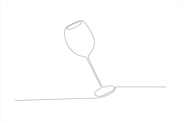 平らな表面に傾いたワイングラスの最小限の線画