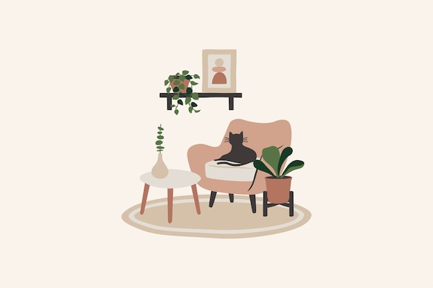 Vector minimalist living room with cat vector illustration